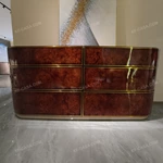 Curved Six-Drawer Sideboard with Natural Burl Veneer High-Gloss Panels and Gold Inlaid Stainless Steel Trim